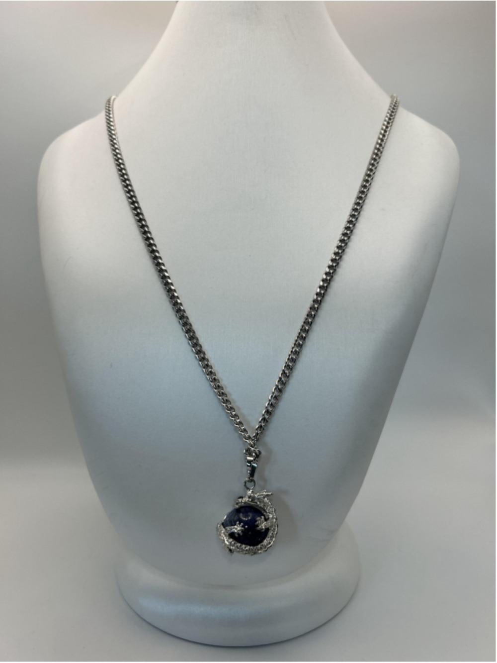 Necklace Silver Tone Dragon Pendant Blue Stone‎ Chain 30 Inch Statement Fantasy